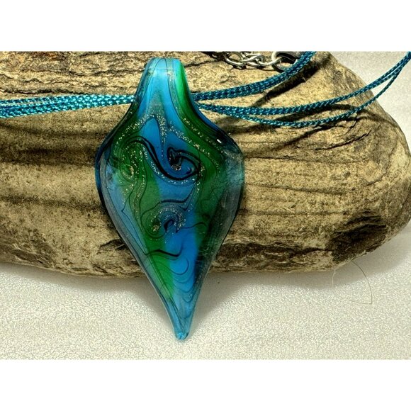 Turquoise Murano Teardrop Lampwork Glass Swirl Pendant Charm Necklace - Picture 3 of 3